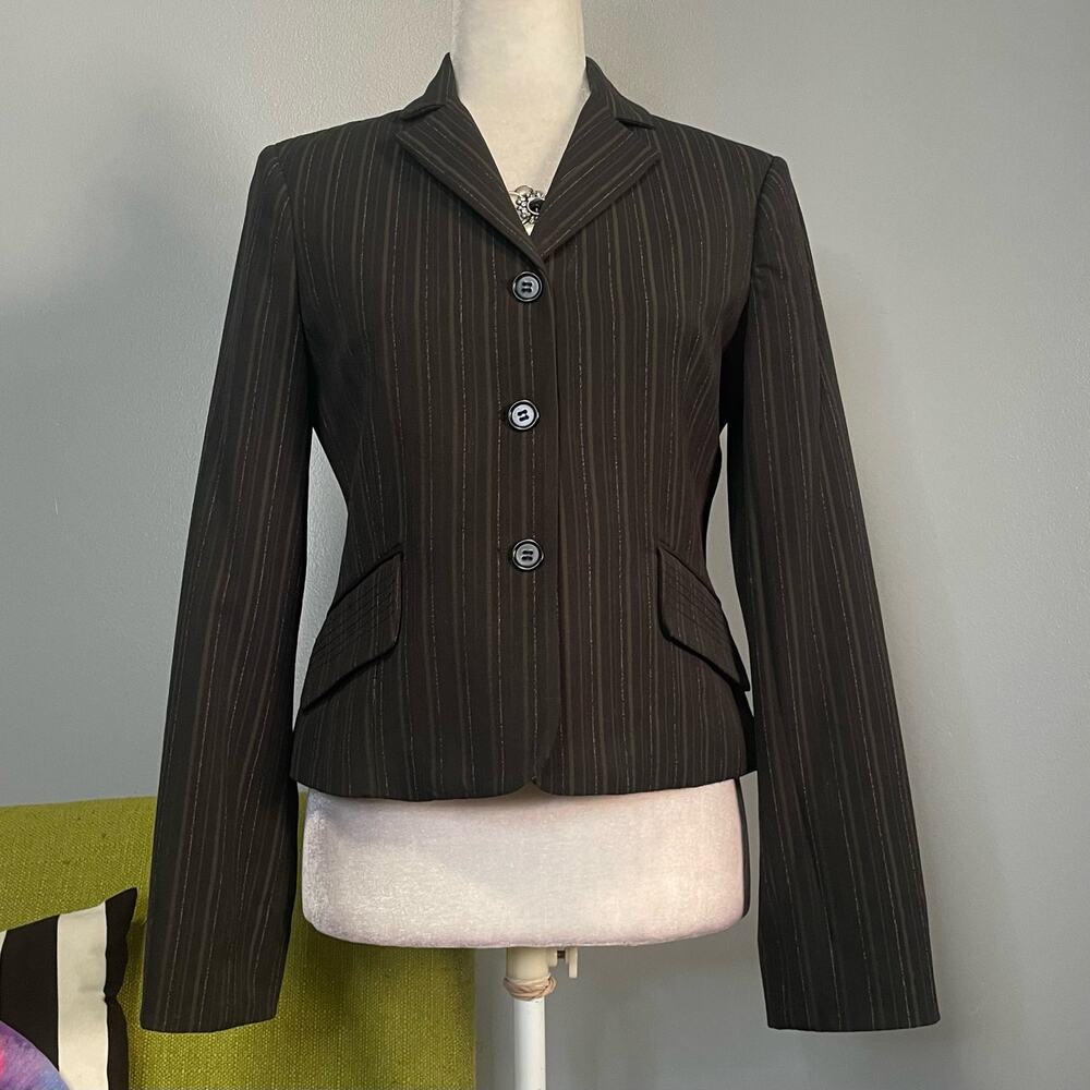 BCBGMAXAZRIA Black Brown Striped Suit Blazer Jacket